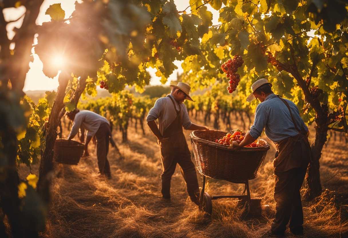 Vineyard-workers-harvesting-ripe-fruits-in-golden-sunlight-embodying-rustic-charm-and-unity_nzus