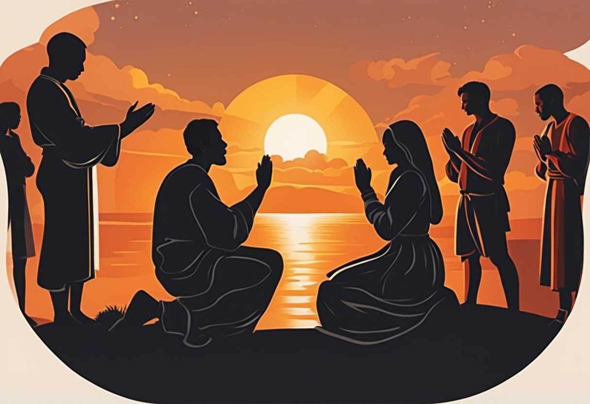 A-diverse-group-prays-in-a-circle-at-sunset-hands-clasped-feeling-unity-and-serenity_llzy