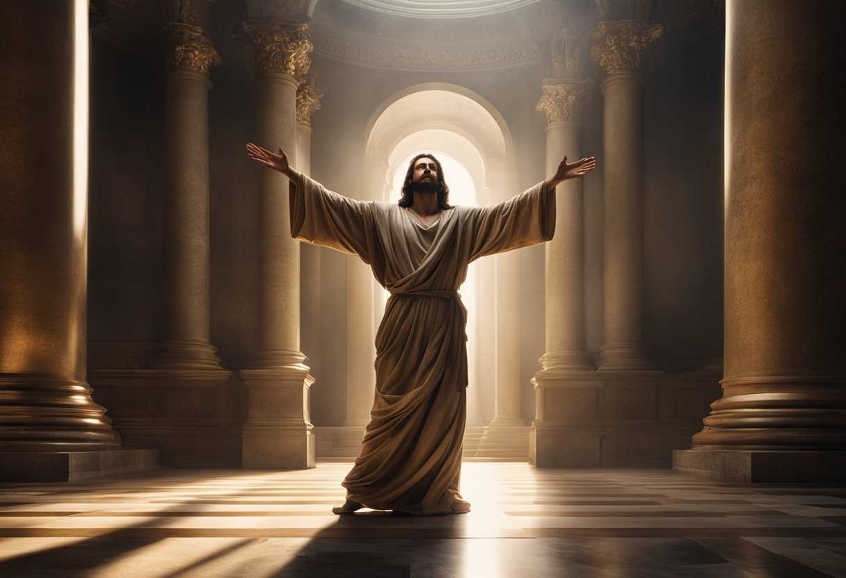 Jesus-stands-in-a-temple-arms-open-surrounded-by-light-exuding-unwavering-conviction_ungd