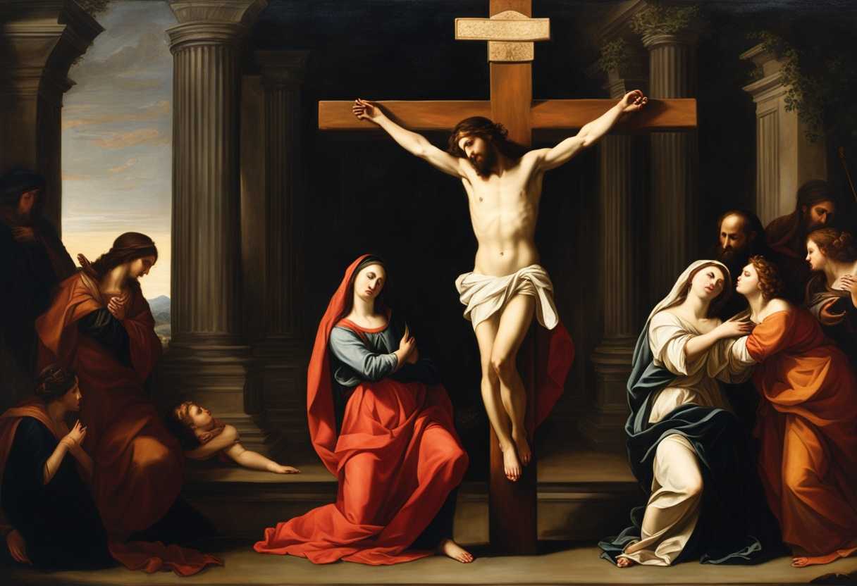 Emotional-religious-tableau-Jesus-on-the-cross-surrounded-by-Mary-her-sister-and-Mary-Magdalene_xkbe