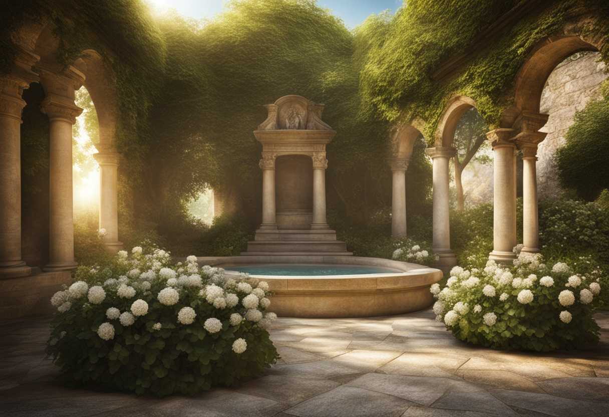 Tranquil-garden-with-fresh-tomb-blooming-flowers-and-sunlight-peeking-through-leaves_rzpd
