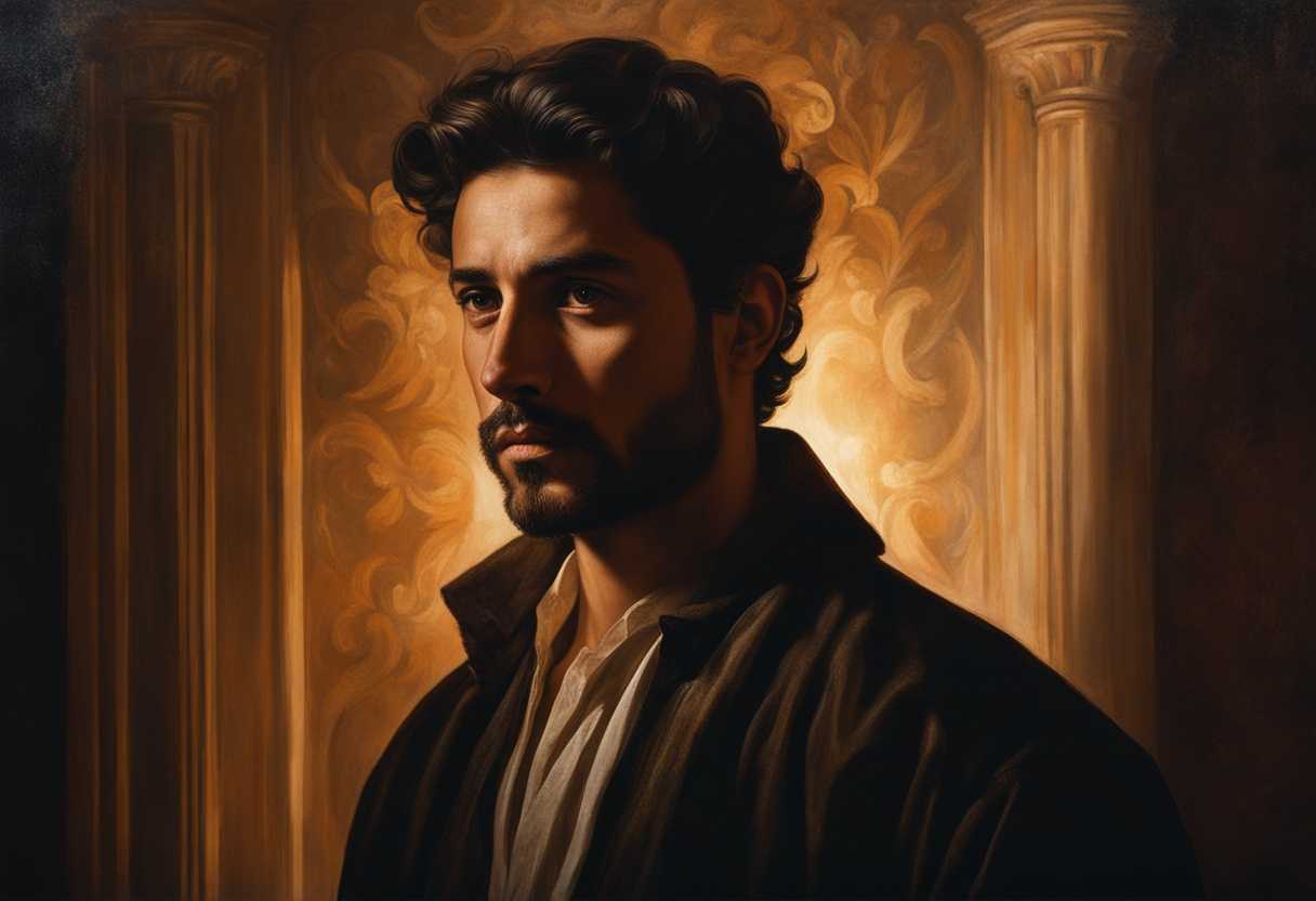 A-man-stands-in-a-dimly-lit-room-his-face-illuminated-by-a-soft-warm-glow-exuding-hope-and-resilie_fack