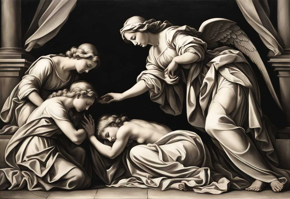 Mary-and-angels-weep-as-Jesus-stands-body-stooped-head-bowed-feet-seen_ztbf
