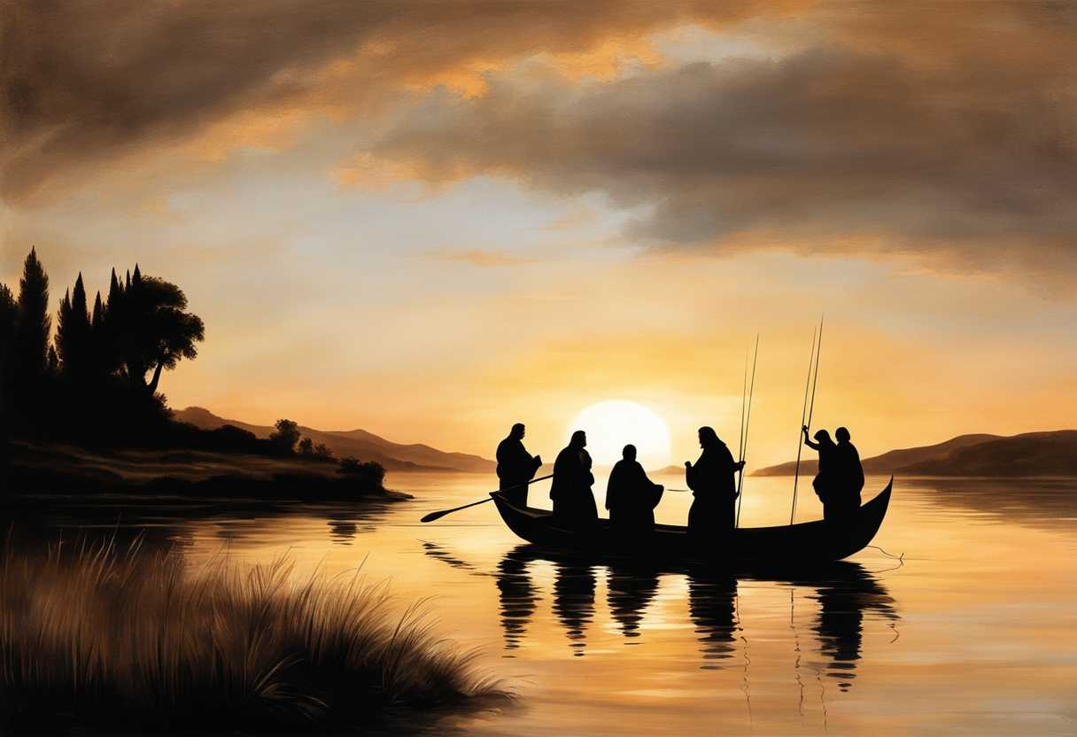 Jesus-and-disciples-at-sunset-by-calm-waters-silhouetted-against-fading-light-preparing-to-fish_afeo