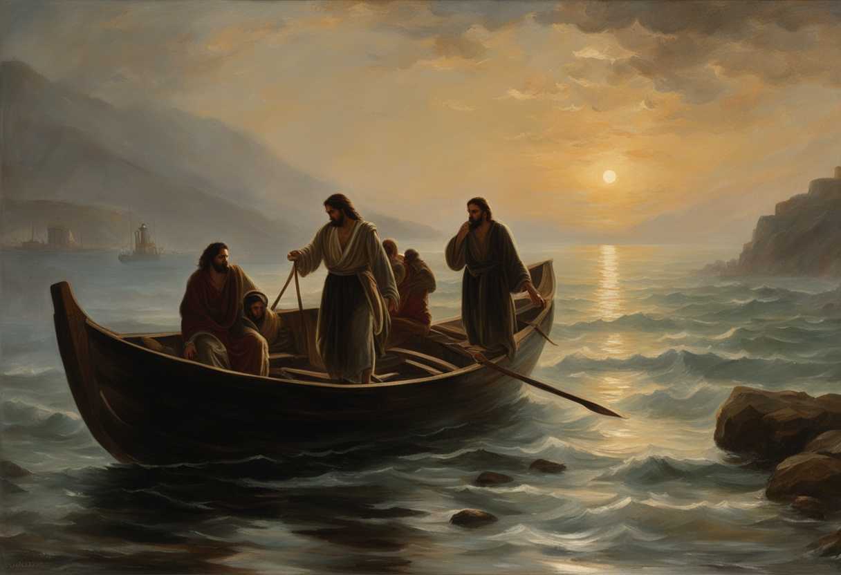 Jesus-and-disciples-at-dawn-by-Sea-of-Tiberias-tired-and-disappointed-fishermen-in-boat_glhj