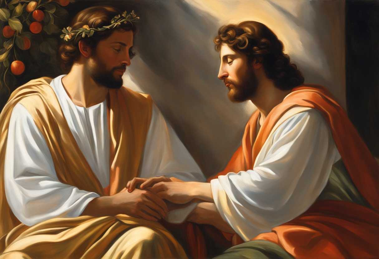 Peter-and-Jesus-share-a-serene-moment-in-warm-sunlight-deep-connection-and-spiritual-guidance_immp