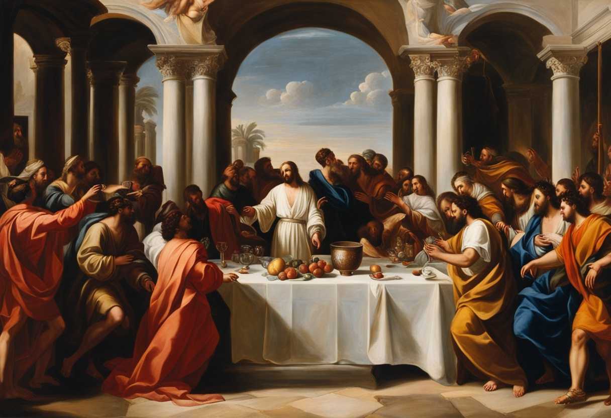 Jesus-performs-first-miracle-at-wedding-turning-water-into-wine-surrounded-by-disciples-and-guests_hajt