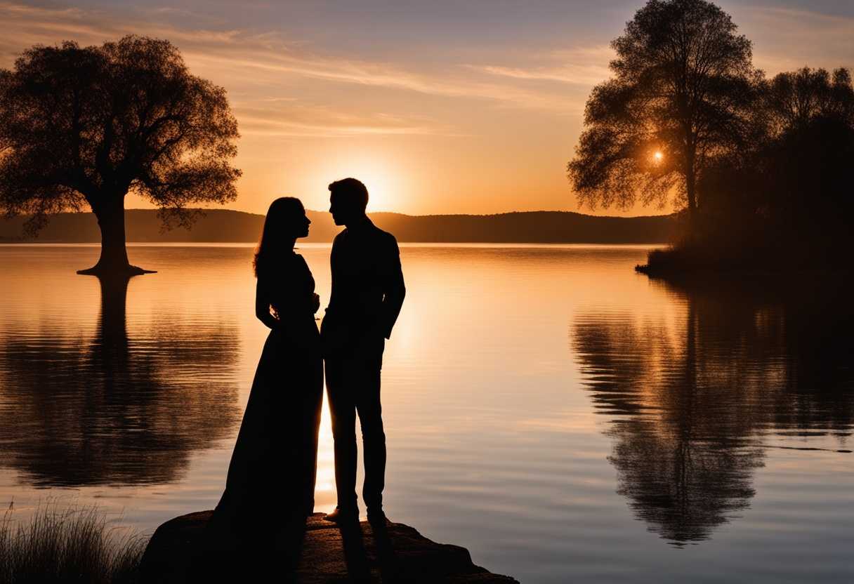 Couple-embraces-by-tranquil-lake-at-sunset-silhouettes-reflected-on-calm-water-romantic-intimacy_zjux