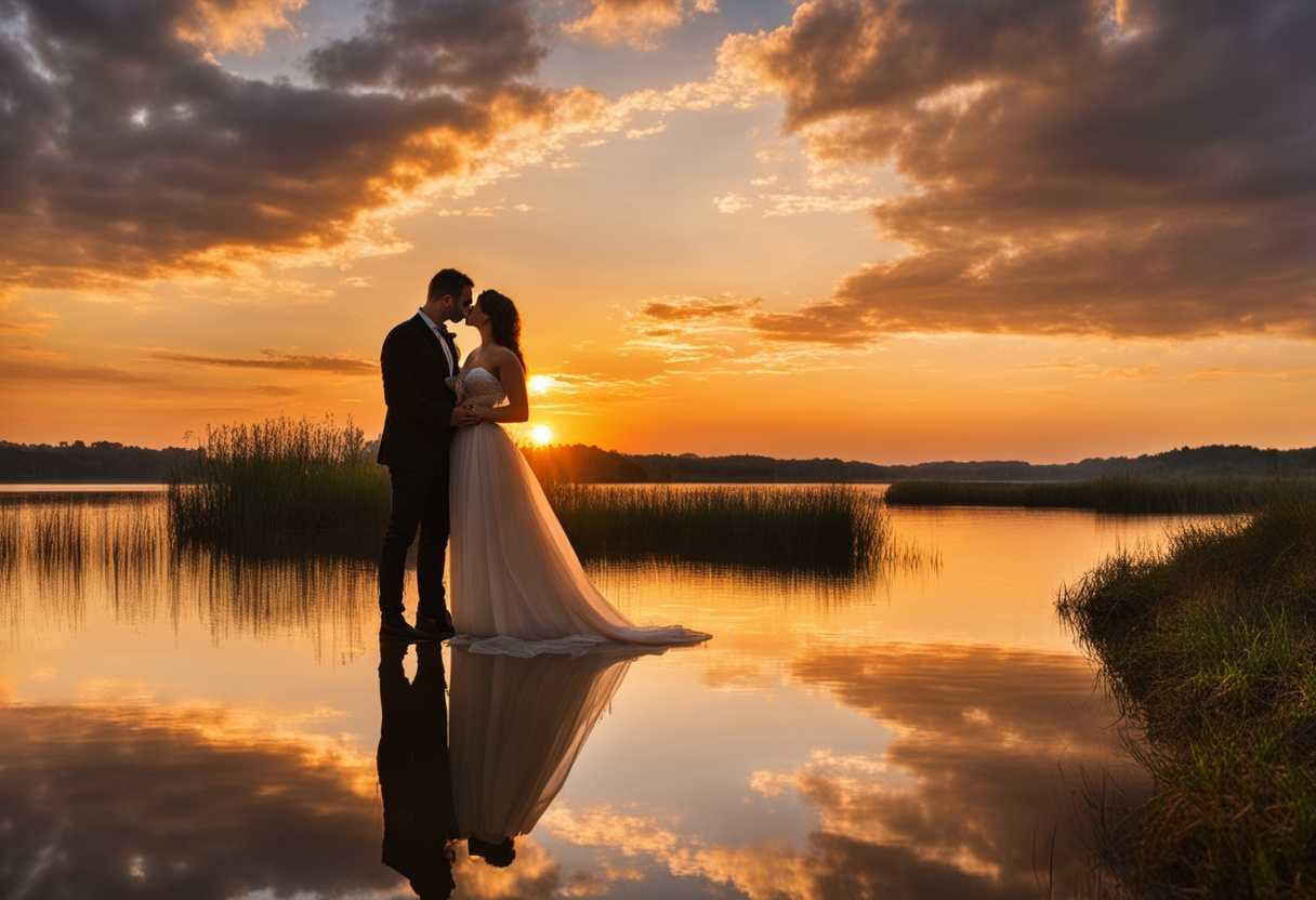 Couple-embraces-by-tranquil-lake-at-sunset-golden-light-vibrant-sky-reflection-intimate-moment_bfek