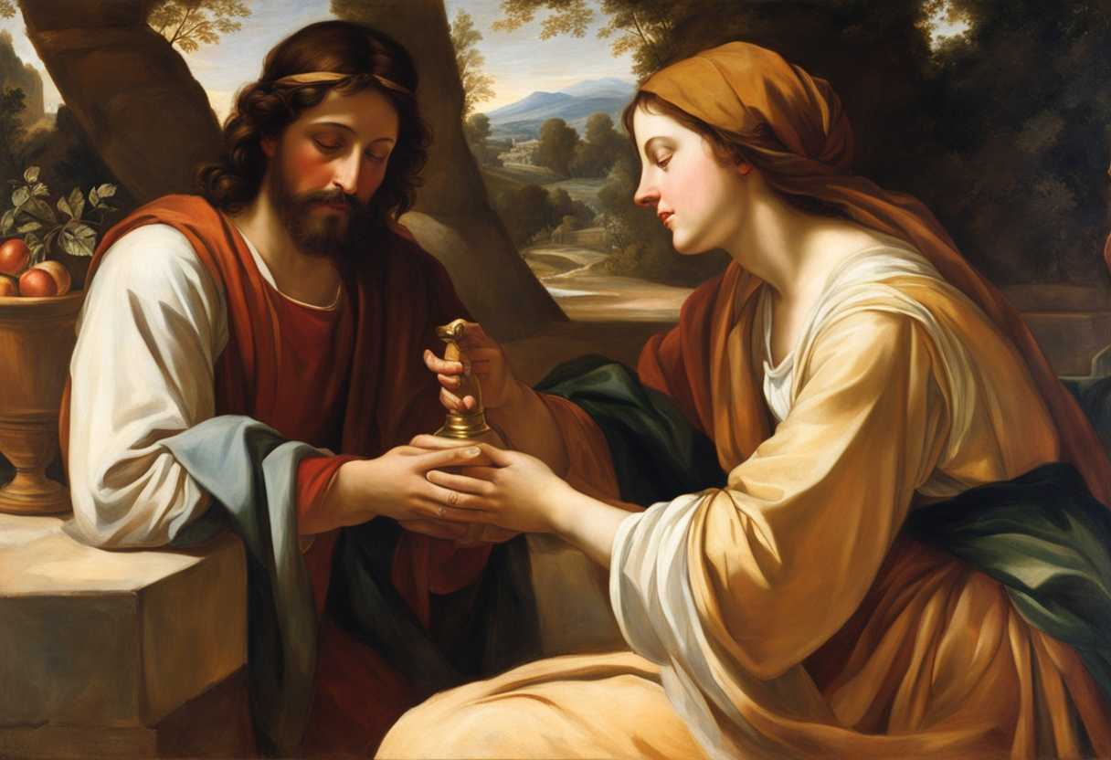 Jesus-and-the-Samaritan-woman-share-a-candid-moment-at-the-well-in-warm-sunlight_zckl
