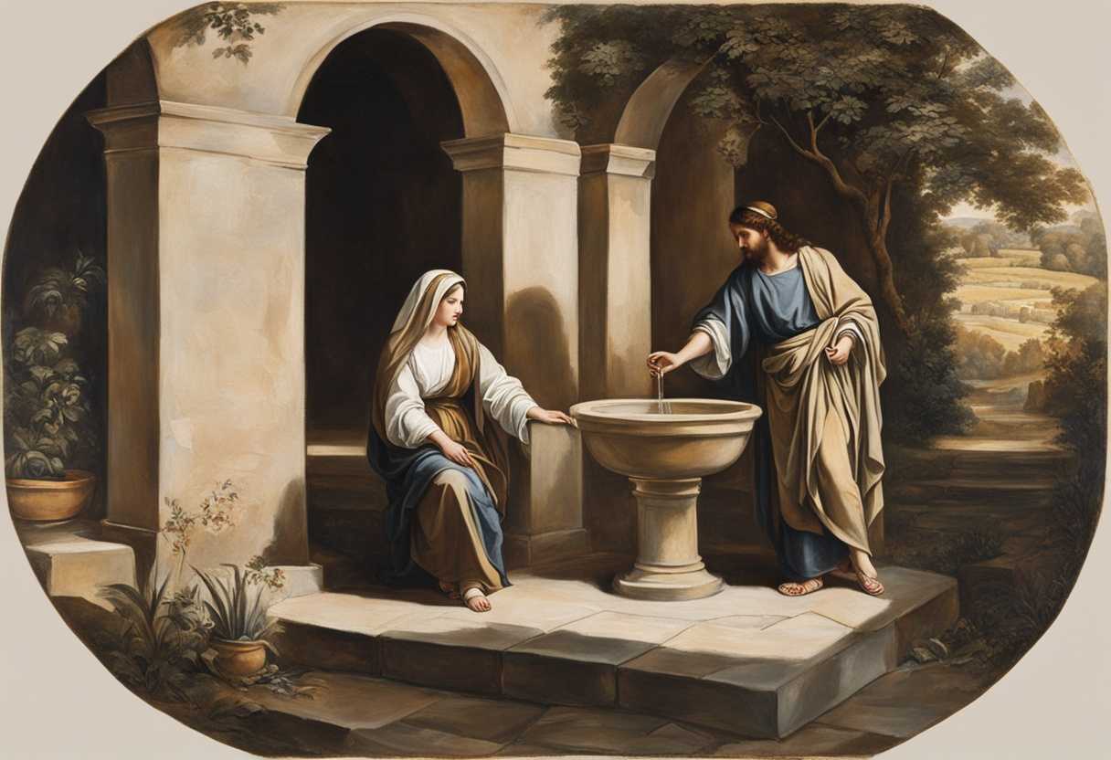 Jesus-and-a-woman-from-Samaria-meet-at-a-well-sharing-a-candid-conversation-under-warm-sunlight_tktt