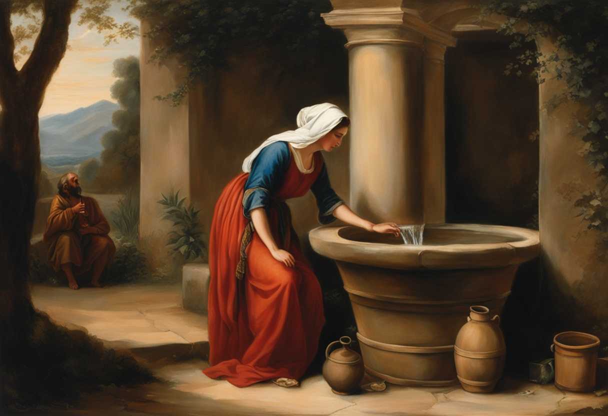 A-woman-in-traditional-clothing-draws-water-at-a-well-with-Jesus-sharing-a-serene-intimate-moment_vitw