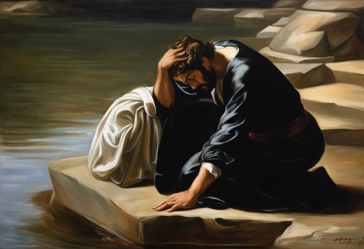 Traditional-man-kneels-by-water-Sabbath-light-reaching-hand-disapproving-leaders-tense-moment_roqj