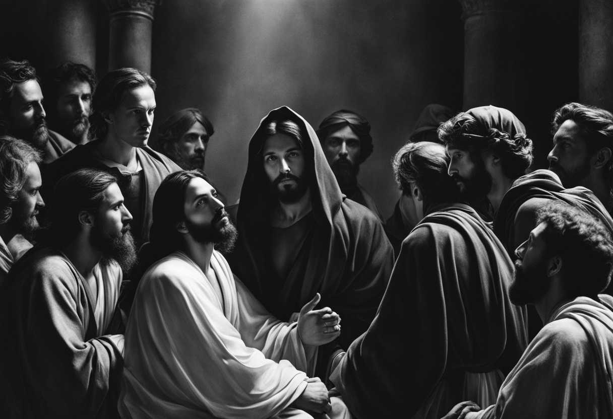 Dramatic-black-and-white-photo-Jesus-surrounded-by-people-intense-gaze-deep-conversation_pojk