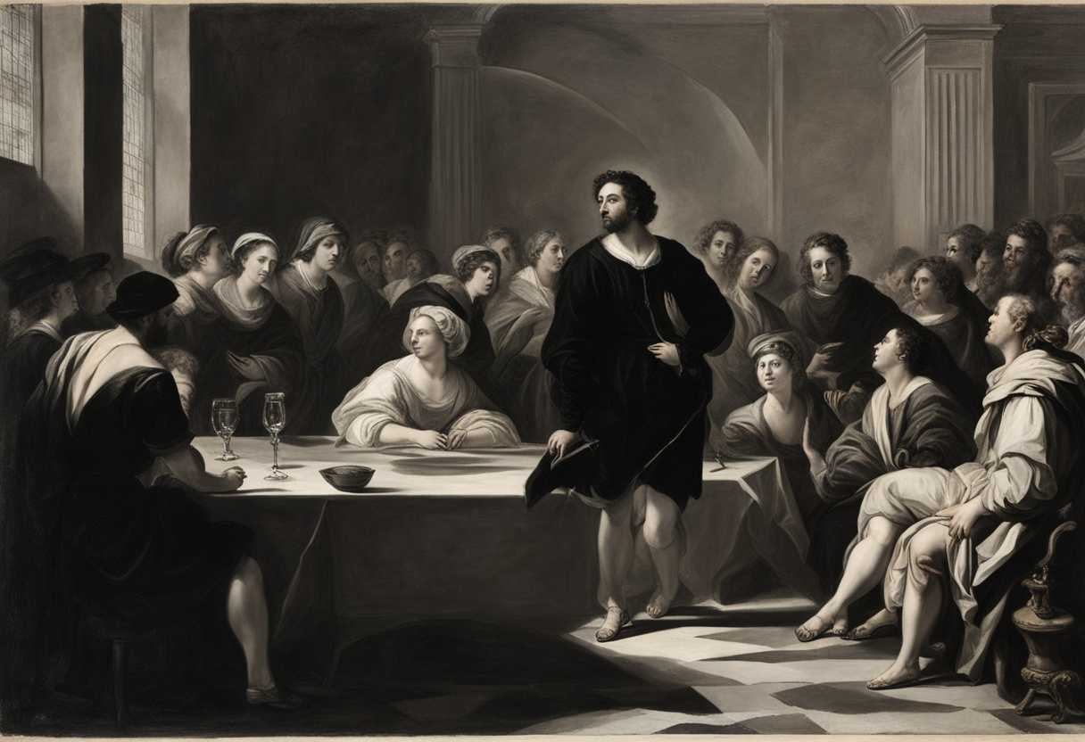 Man-in-spotlight-encircled-by-intrigued-onlookers-sharing-a-profound-moment-of-understanding_hqyd