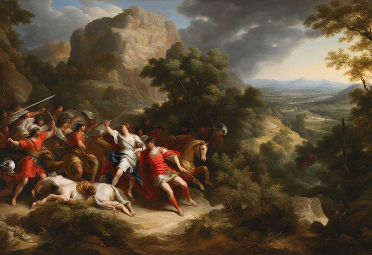 Joshua-victorious-in-battle-against-Anakim-giants-in-rugged-hill-country-landscape_rypg