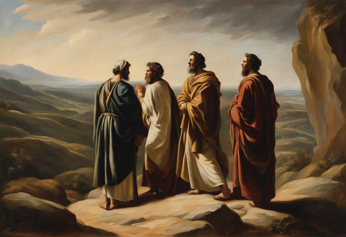 Moses-and-brothers-stand-resolute-on-rugged-terrain-gazing-towards-distant-horizon-with-faith_henp