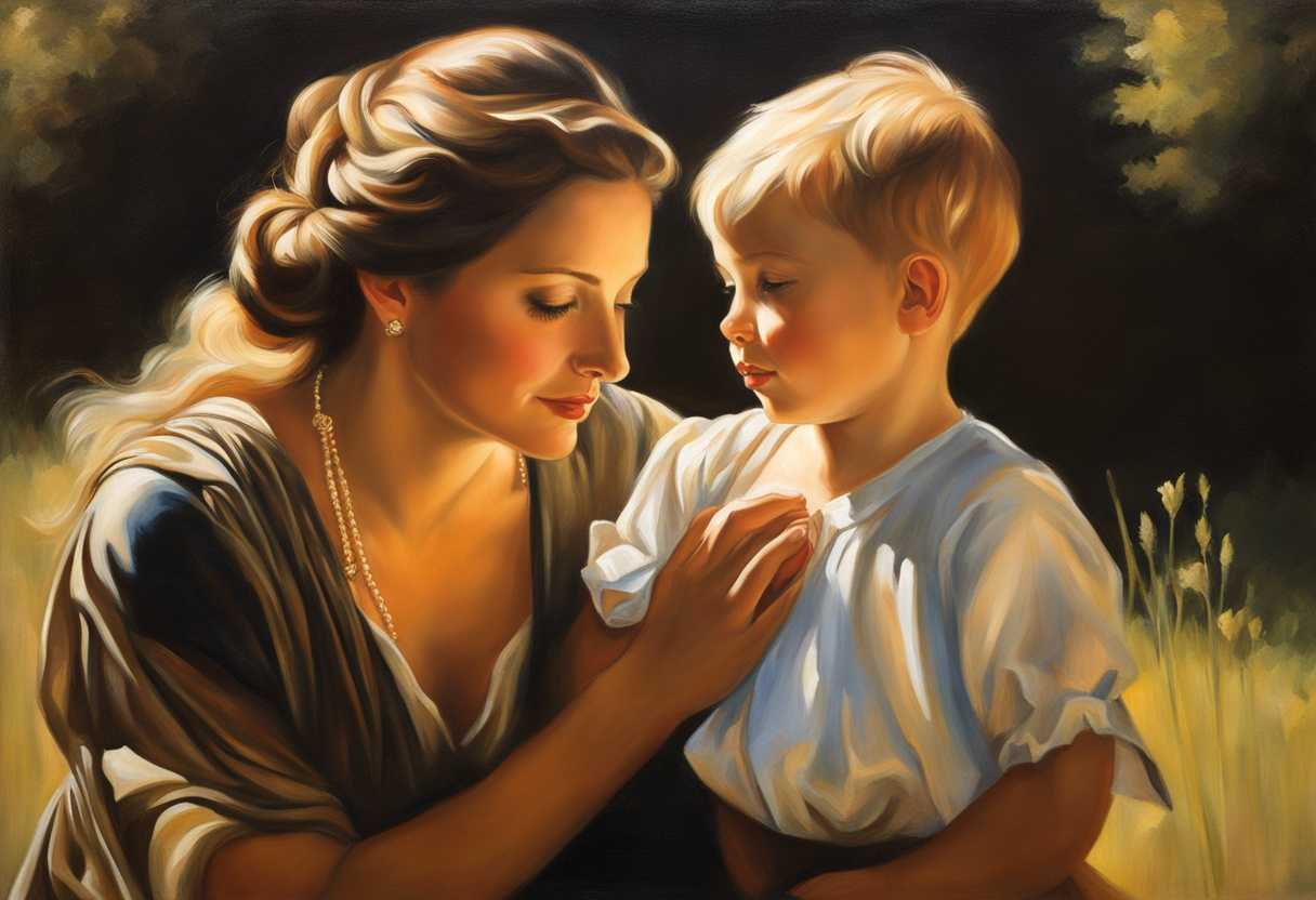 Mother-and-son-share-a-loving-gaze-in-a-sunlit-field-embodying-timeless-beauty_sxzp