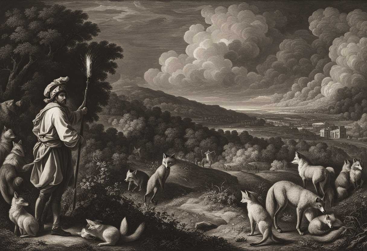 Man-stands-in-fiery-fields-torch-in-hand-foxes-tied-with-flames-chaos-surrounds_fcuv