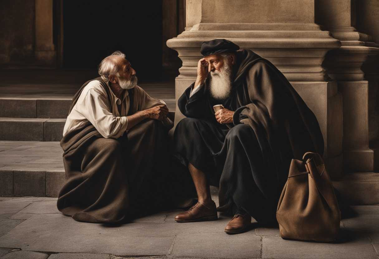 An-elderly-man-offers-shelter-to-a-weary-traveler-at-dusk-showing-kindness-and-compassion_sshn