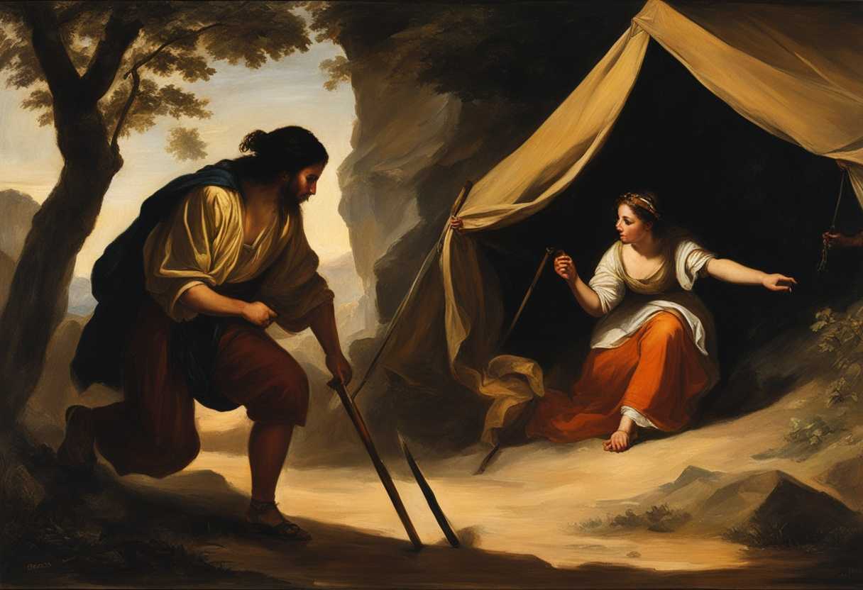 Sisera-flees-to-Jael's-tent-Jael-holds-a-tent-peg-Heber-watches-in-shadows_owpy