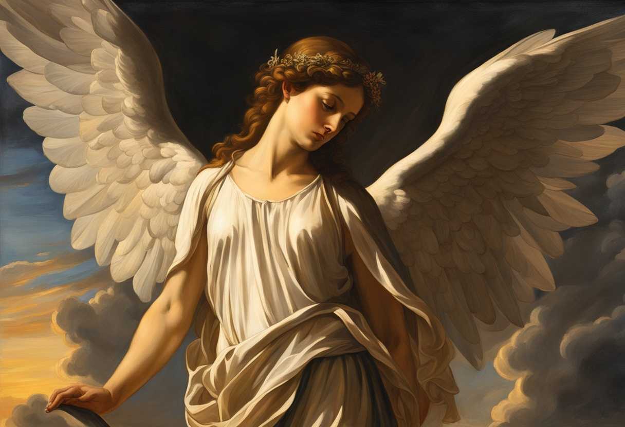 An-angelic-figure-with-a-worried-expression-stands-calmly-in-the-setting-sun's-warm-glow_ovew