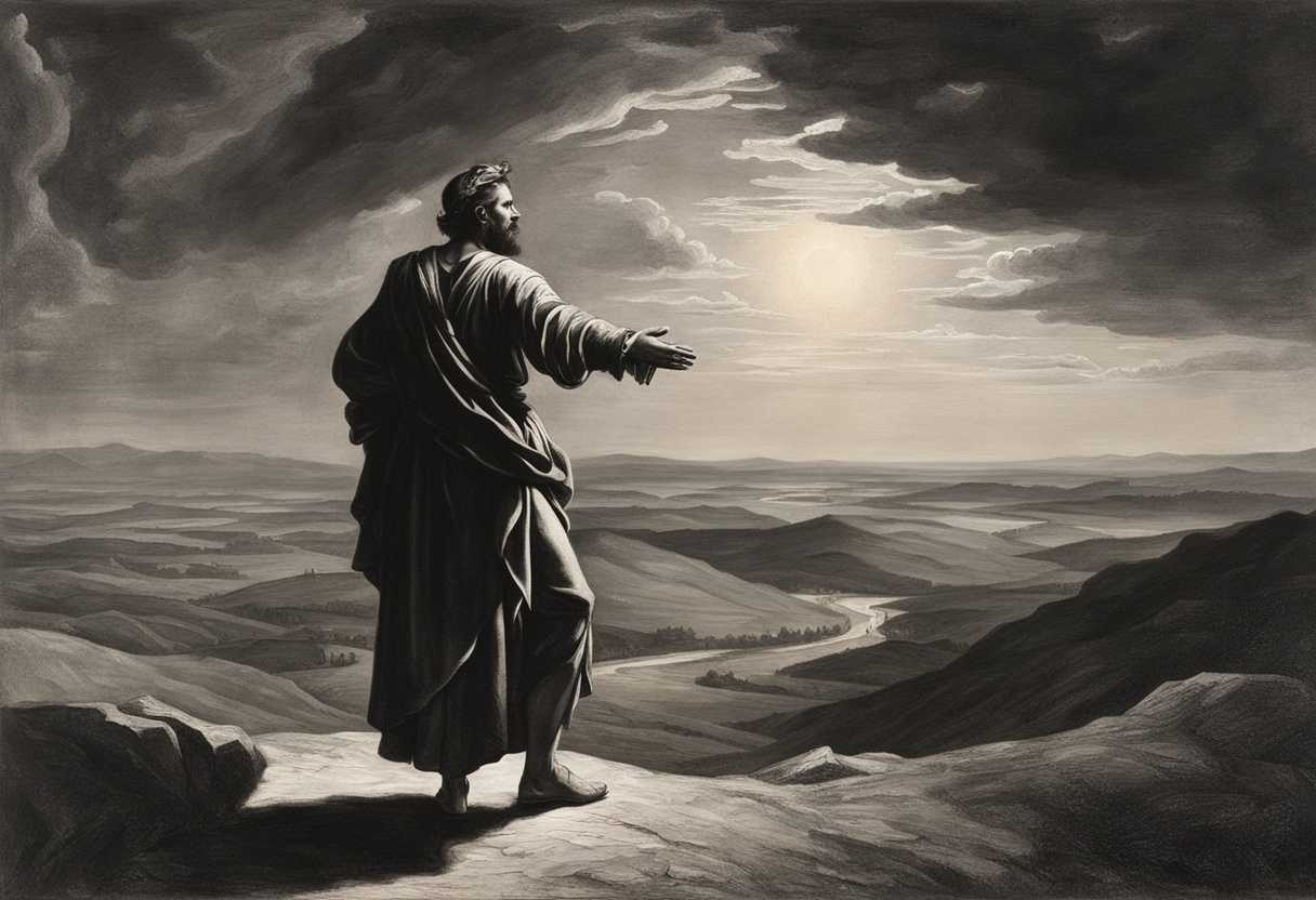 Gideon-stands-alone-in-a-barren-landscape-at-sunset-arms-outstretched-in-despair-and-doubt_rljr