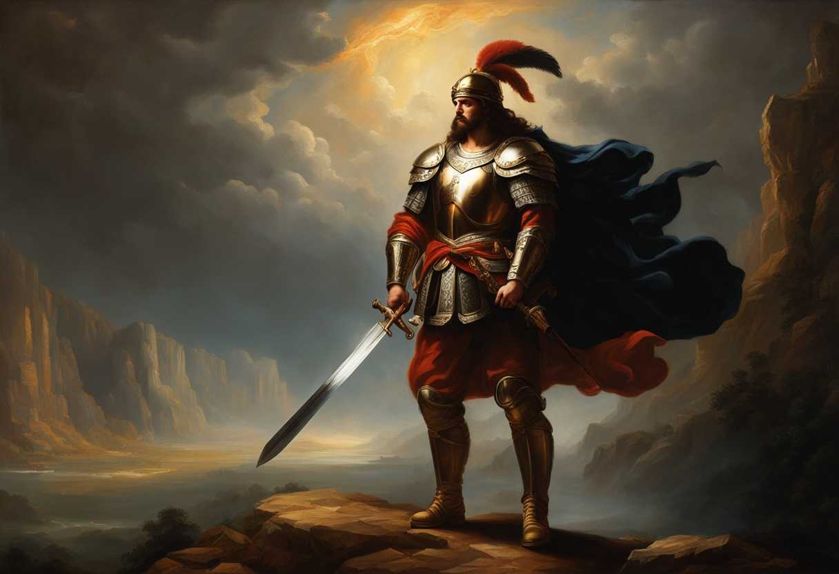 A-lone-warrior-stands-before-a-radiant-deity-ready-for-battle-in-dramatic-lighting_zuvw