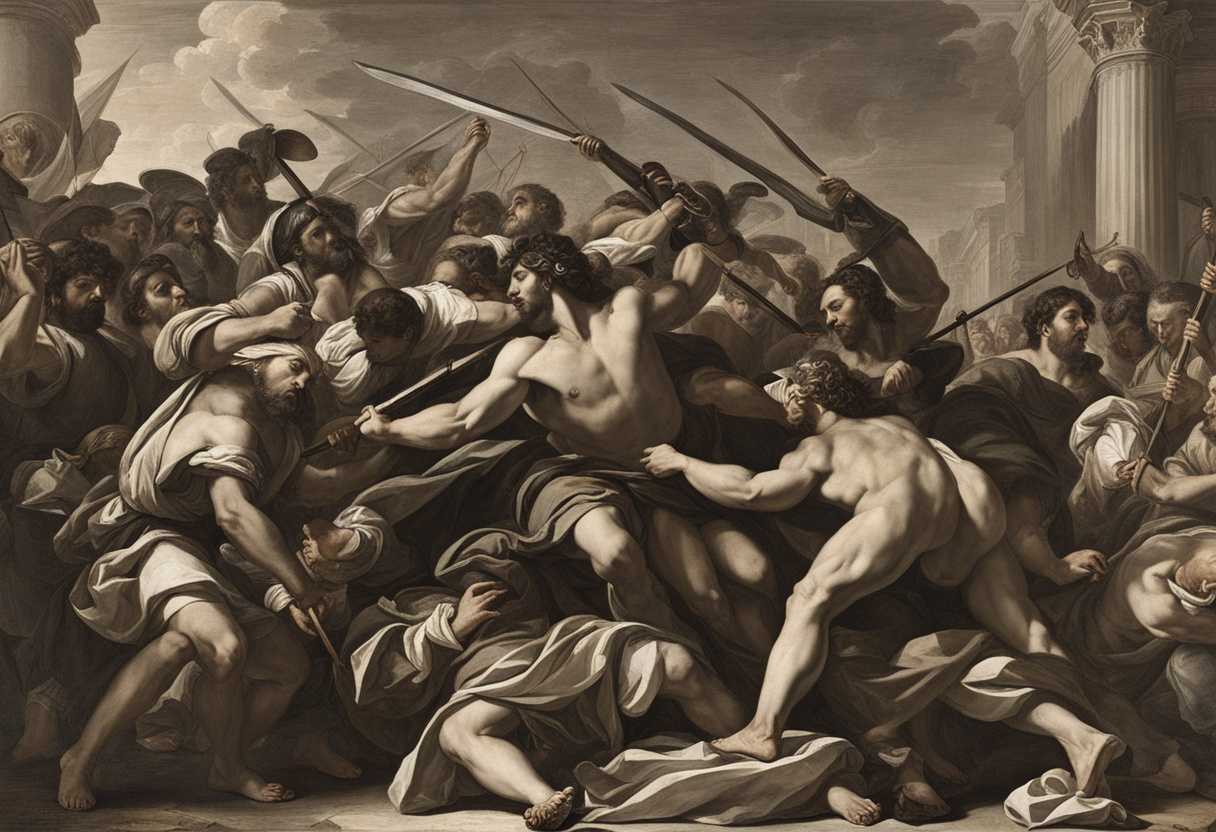 A-victorious-warrior-holds-enemy's-head-surrounded-by-praising-group-in-Jerusalem's-honor_xzmn