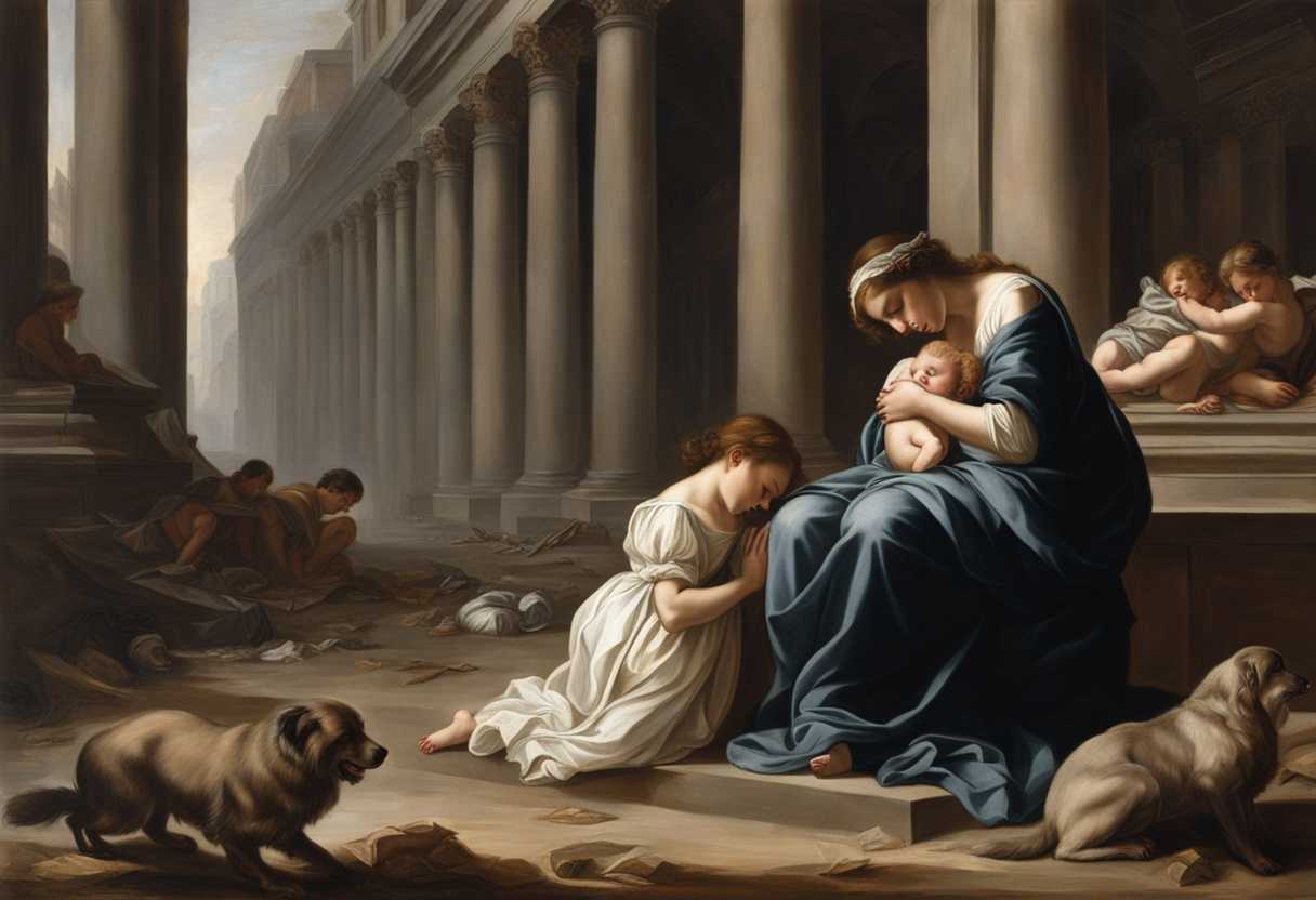 In-a-desolate-city-a-young-woman-weeps-among-abandoned-infants-symbolizing-innocence-amidst-despai_dvcd