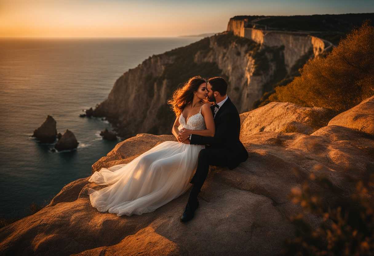 Couple-embraces-on-cliff-at-sunset-ocean-backdrop-romantic-moment-in-golden-light_ugmi