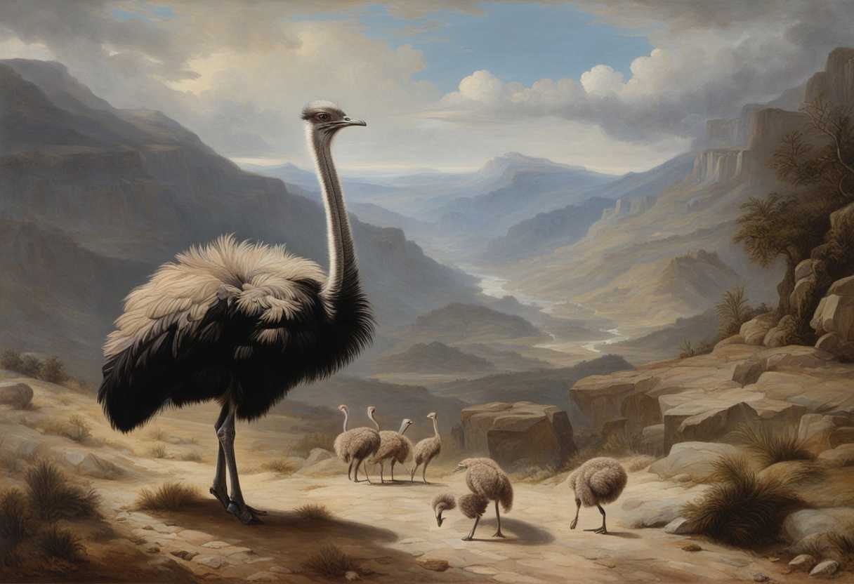 In-a-desolate-wilderness-a-mother-ostrich-fiercely-protects-her-young-amidst-contrasting-scenes-of-_epwc