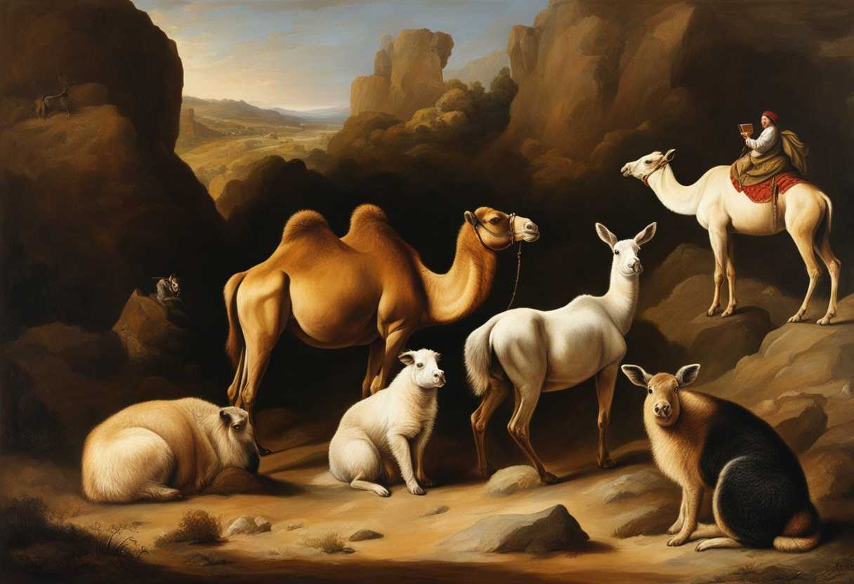 Diverse-animals-in-their-natural-habitats-camel-in-desert-rock-badger-on-rocks-hare-hopping-pig-_ysaj