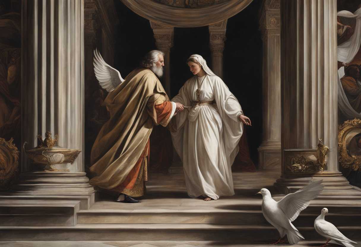 Ancient-priest-and-woman-in-ceremonial-robes-exchange-turtledoves-in-religious-ritual_otpz