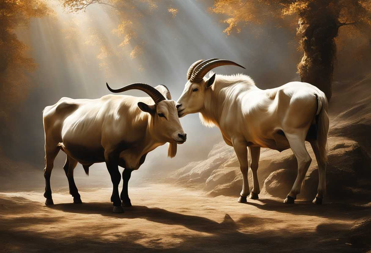 Bull-and-goat-stand-in-warm-sunlight-powerful-yet-gentle-symbolizing-solemn-atonement_puhq