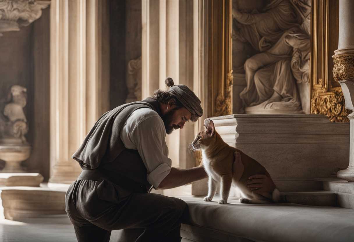 A-man-gently-pets-a-calm-animal-in-the-soft-morning-light_svia