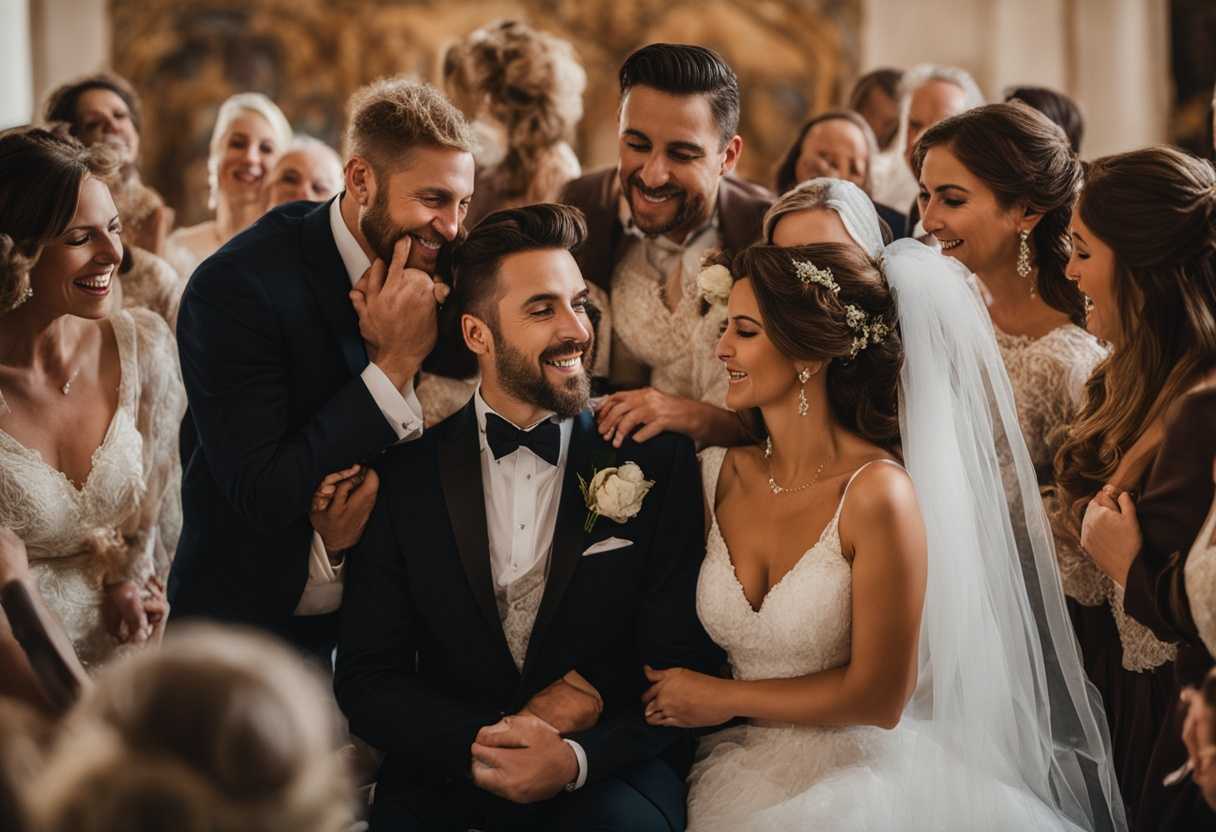 Bride-and-groom-share-a-loving-embrace-surrounded-by-adoring-family-and-friends_bqbg