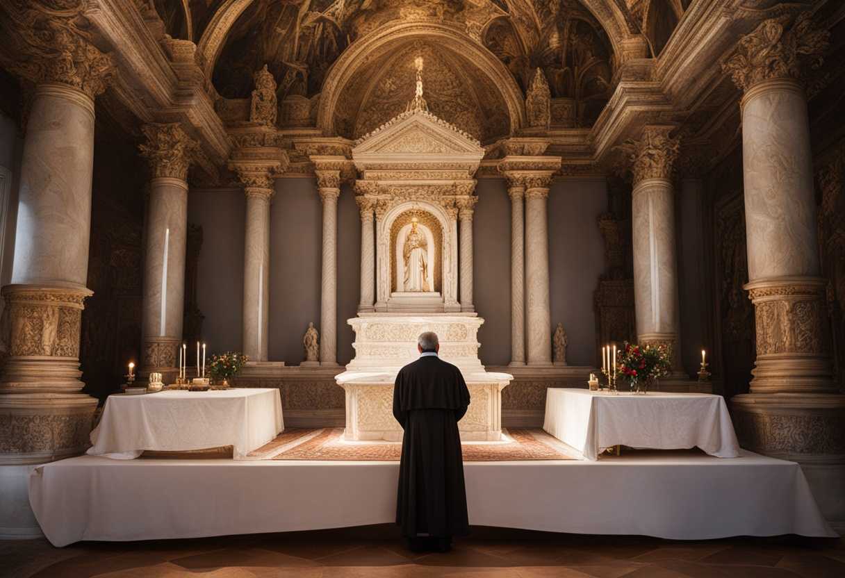 A-priest-in-traditional-attire-stands-before-an-intricately-carved-altar-bathed-in-ethereal-light_pljw
