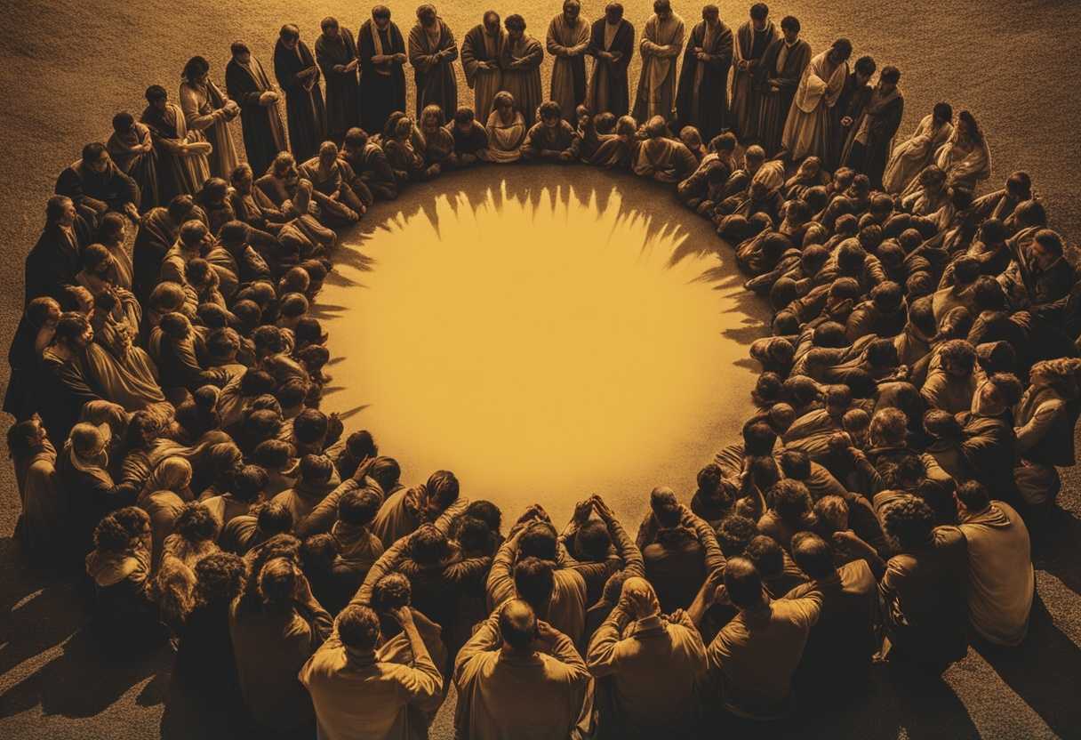 People-in-a-circle-heads-bowed-in-prayer-hands-clasped-under-a-golden-setting-sun_htnv