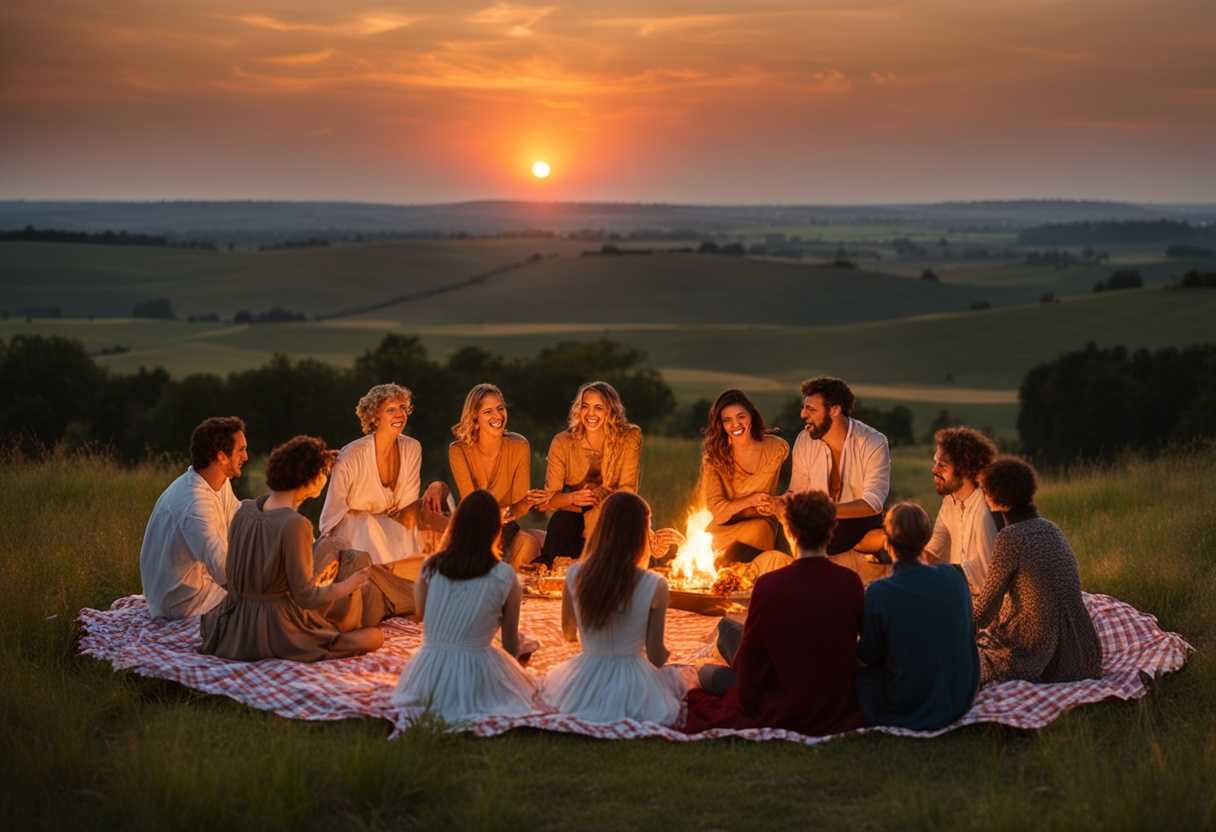 Friends-enjoying-a-sunset-picnic-in-a-field-forming-a-circle-chatting-and-laughing_sgkl