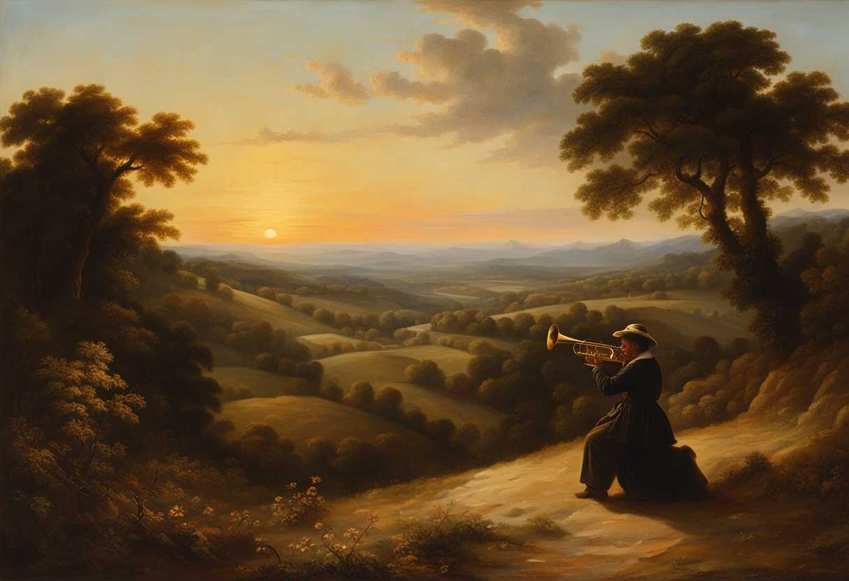 A-figure-plays-a-trumpet-in-a-vast-serene-landscape-at-sunset-bathed-in-golden-light_gmve
