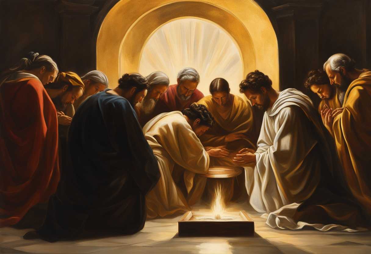People-in-a-circle-heads-bowed-in-prayer-bathed-in-golden-light-feeling-spiritual-unity_dwgf