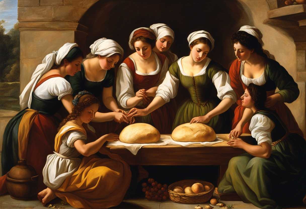 Women-gather-around-a-rustic-oven-kneading-dough-sharing-stories-embracing-the-art-of-breadmaking_bjky