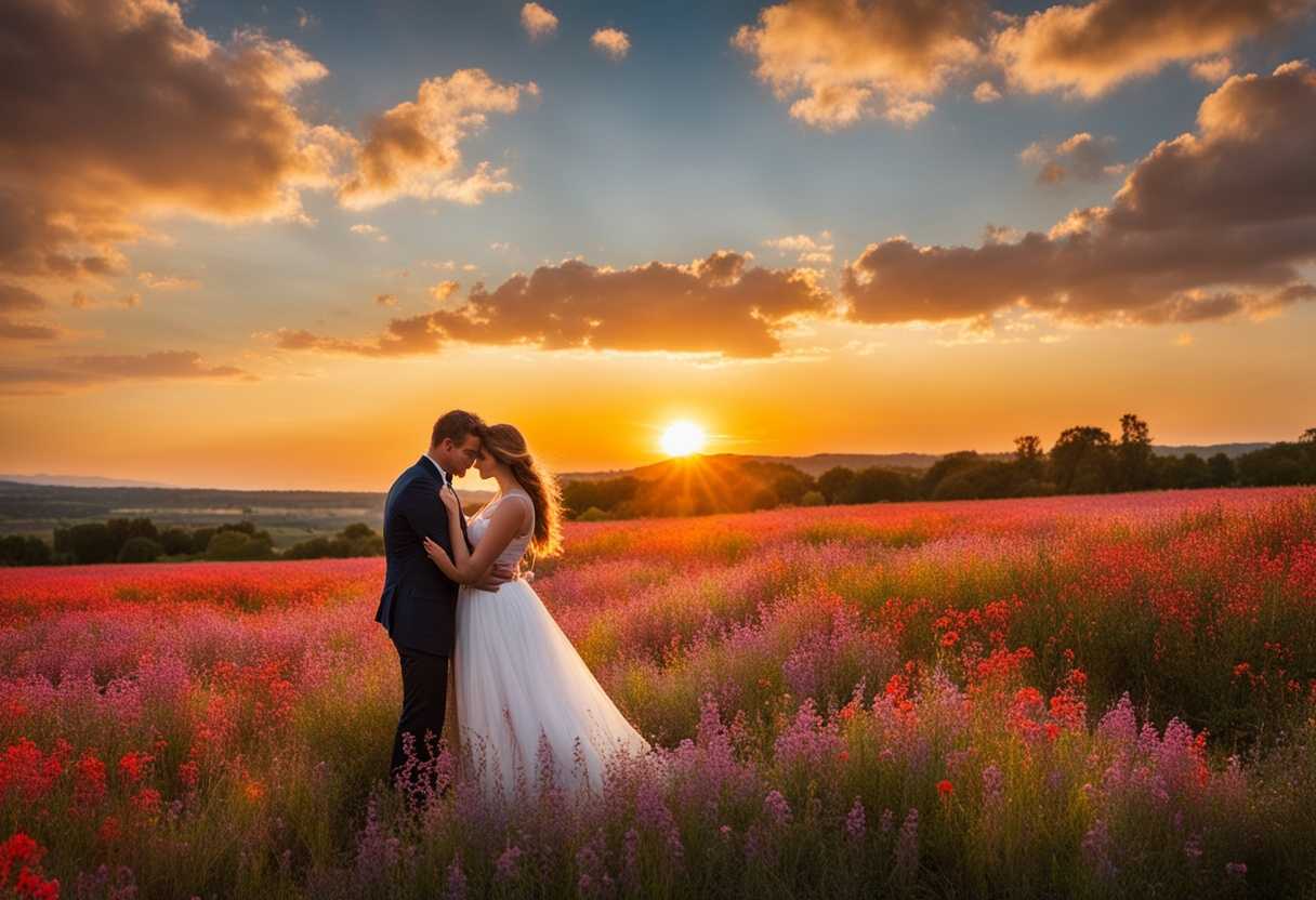 Couple-embraces-in-a-vibrant-wildflower-field-bathed-in-golden-sunlight-exuding-genuine-romance_hgrb