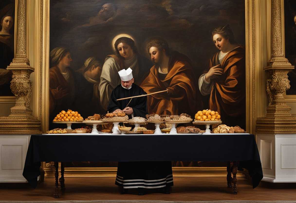 A-priest-carefully-arranges-baked-offerings-on-the-altar-with-reverence-and-devotion_fiaz