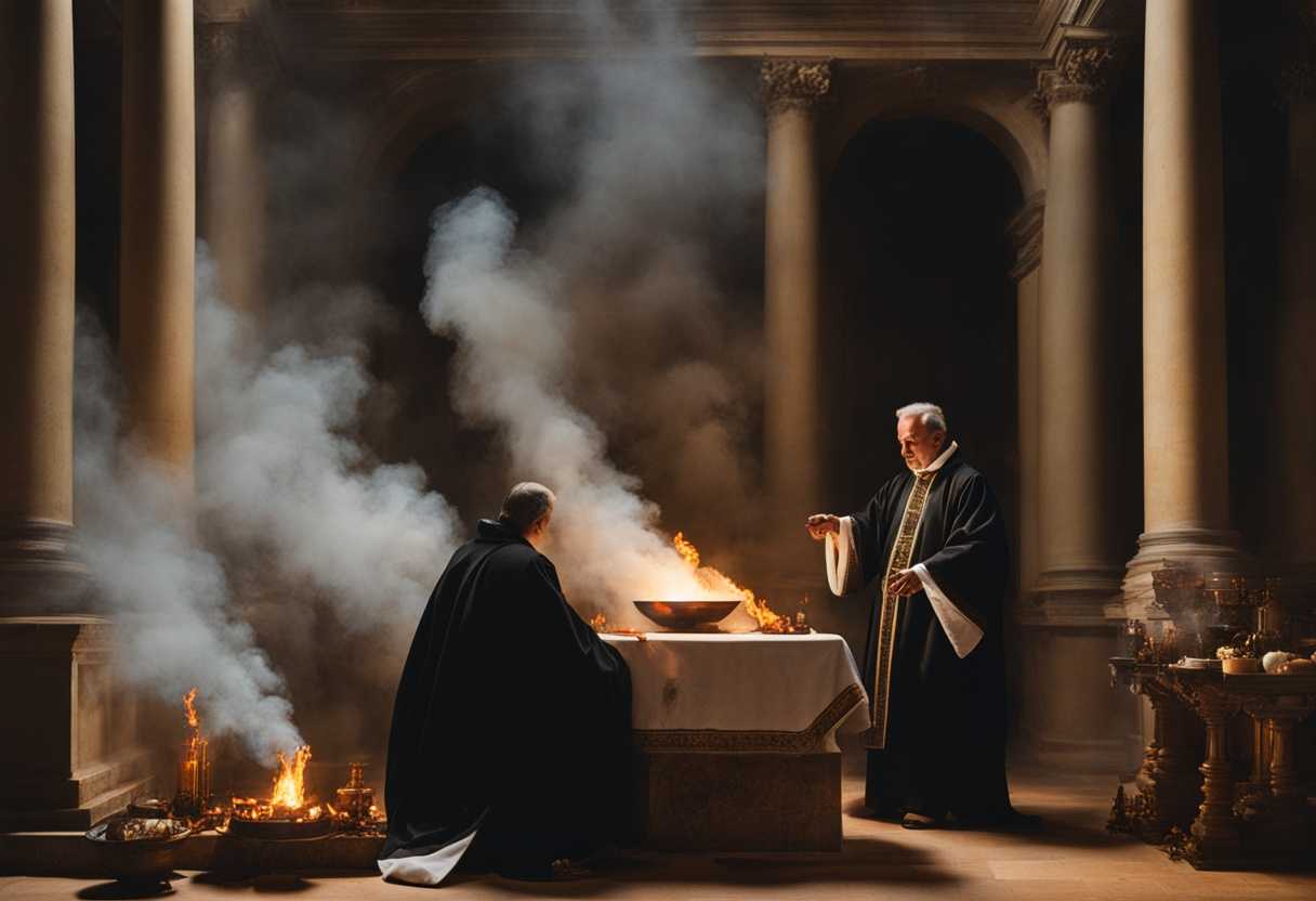 A-priest-performs-a-sacred-ritual-at-an-altar-surrounded-by-flickering-flames-and-billowing-smoke_hmyi