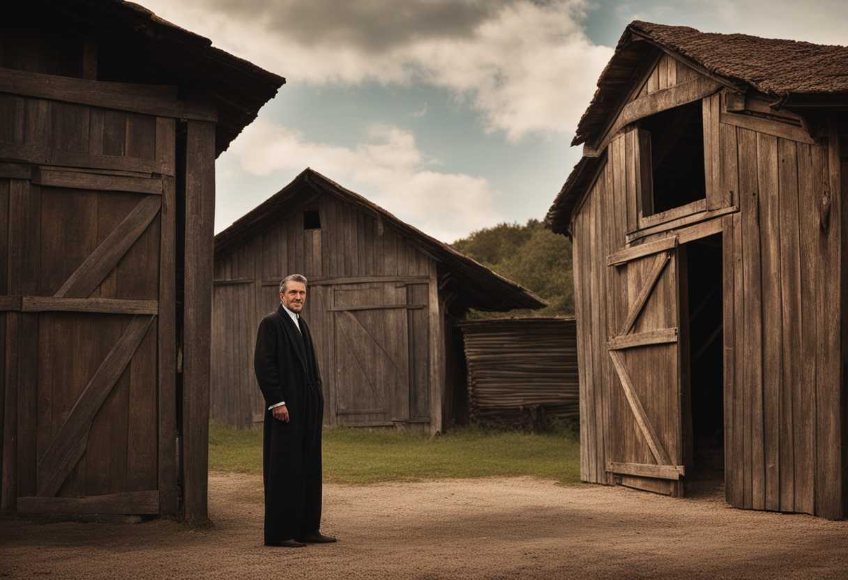 A-man-confidently-stands-in-front-of-weathered-barns-embodying-ambition-and-success_tpiv