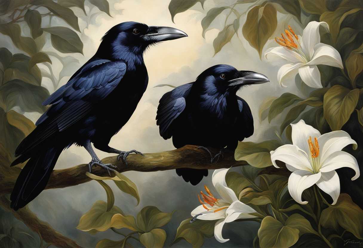 Ravens-and-lilies-coexist-in-a-serene-forest-embodying-mystery-grace-and-harmony_rhsx