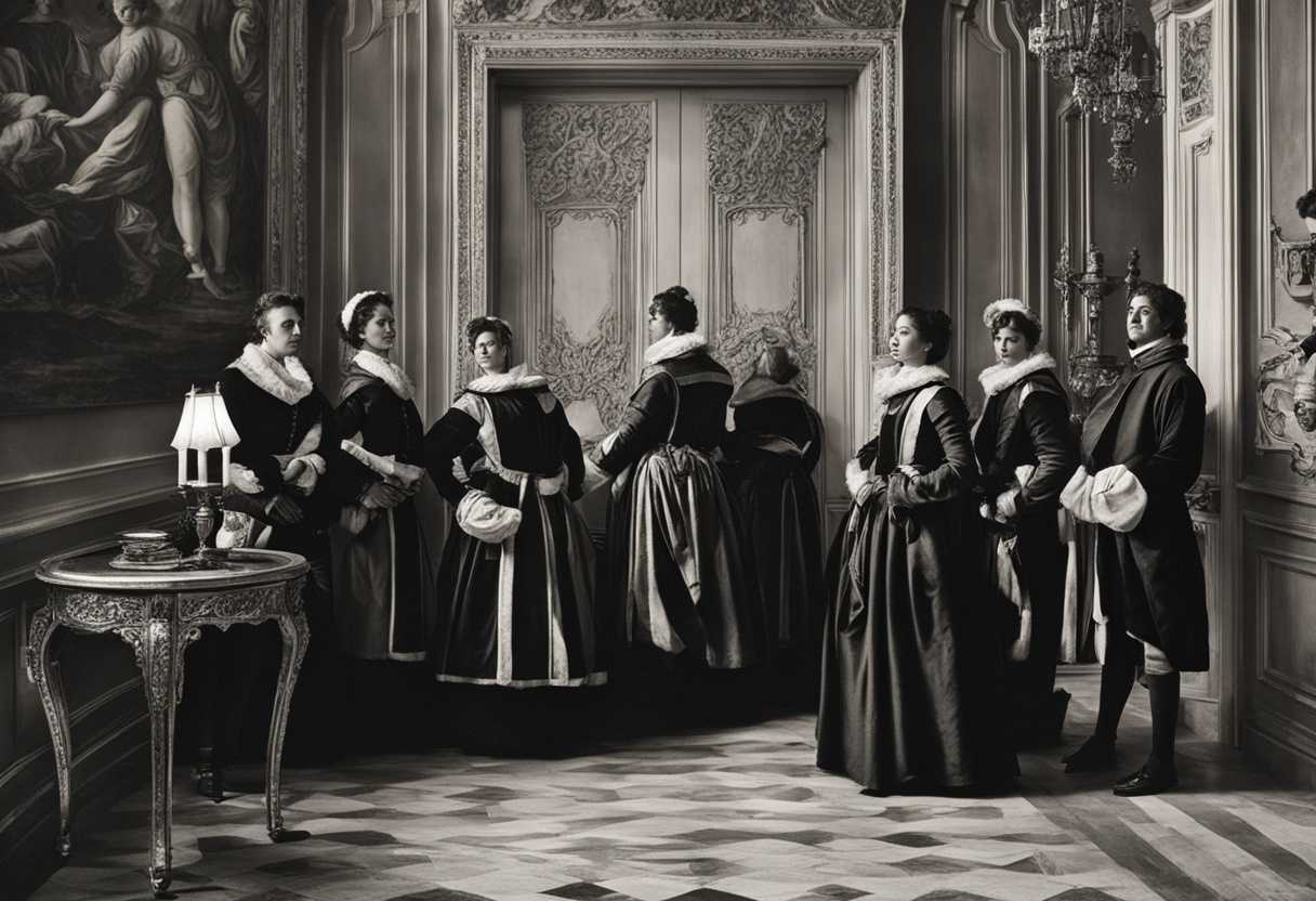 Servants-in-historical-attire-poised-with-anticipation-ready-to-open-the-door-with-lamps-burning_cejd
