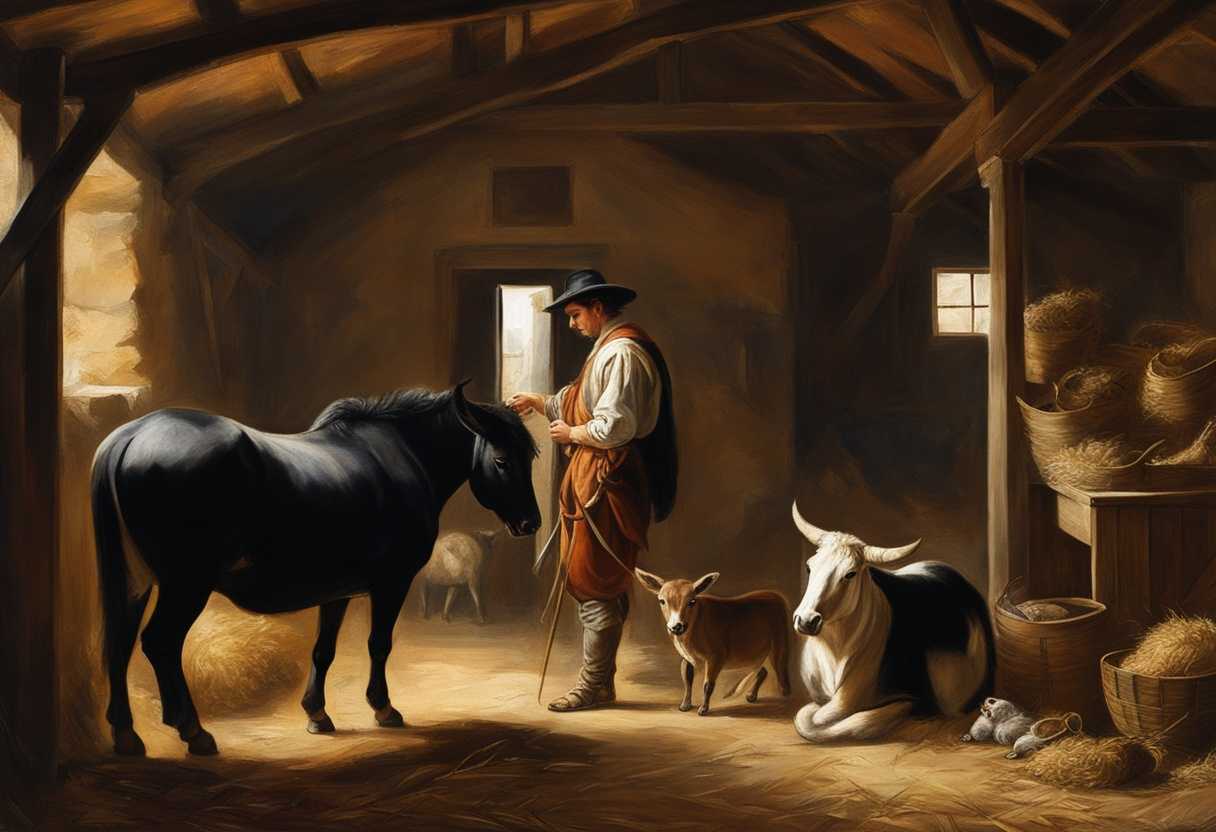 Man-and-animals-in-a-rustic-barn-untying-ox-and-donkey-trust-and-care-evident_afih